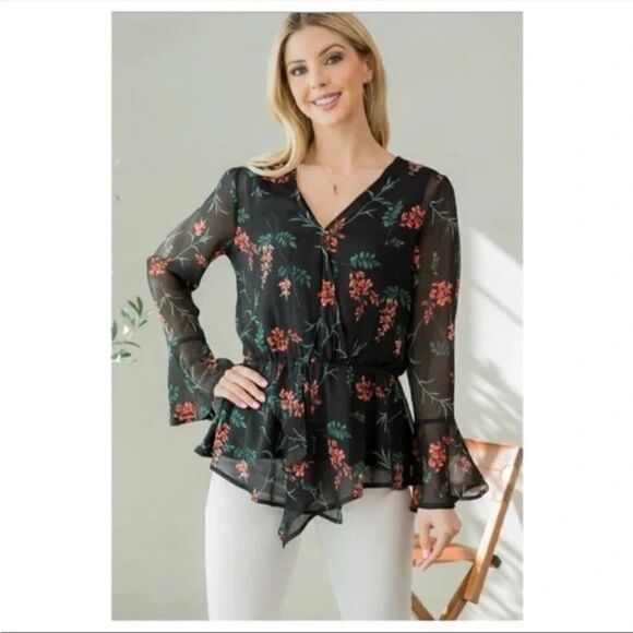 Black Floral Print Chiffon V-Neck Bell Sleeve Blouse - Picture 3 of 6